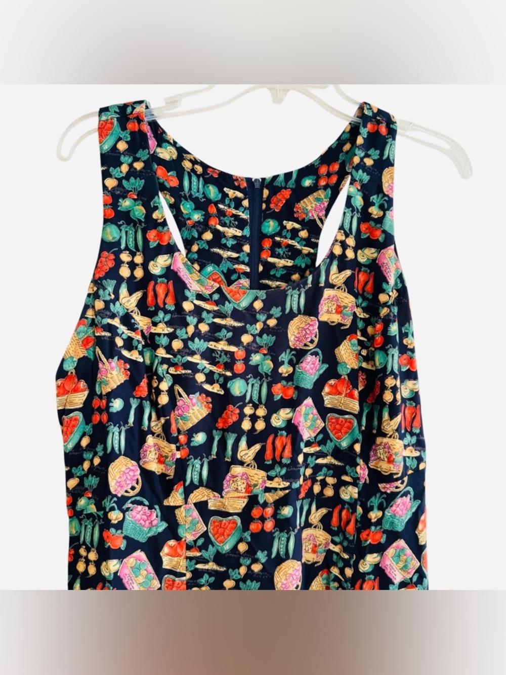 Vtg 90s Farmer’s Market Maxi Dress Vegetables Berries Fruits Navy Novelty 12 - Picture 4 of 10